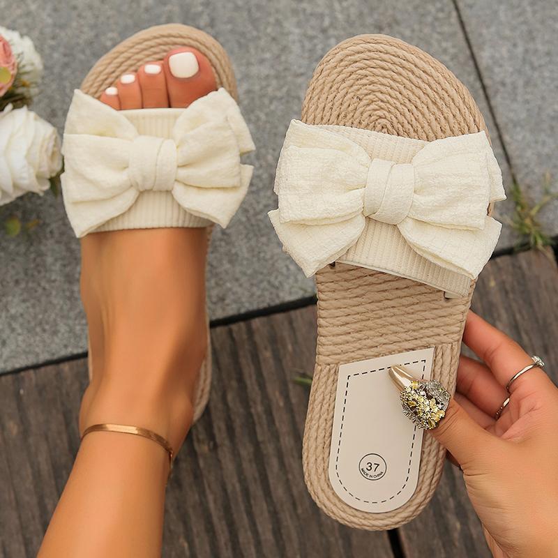 Fashion Women's Beige Bowknot Decor Flat Slippers Lightweight Non Slip Outdoor Beach Slides for Woman Comfort One Strap Casual Slippers