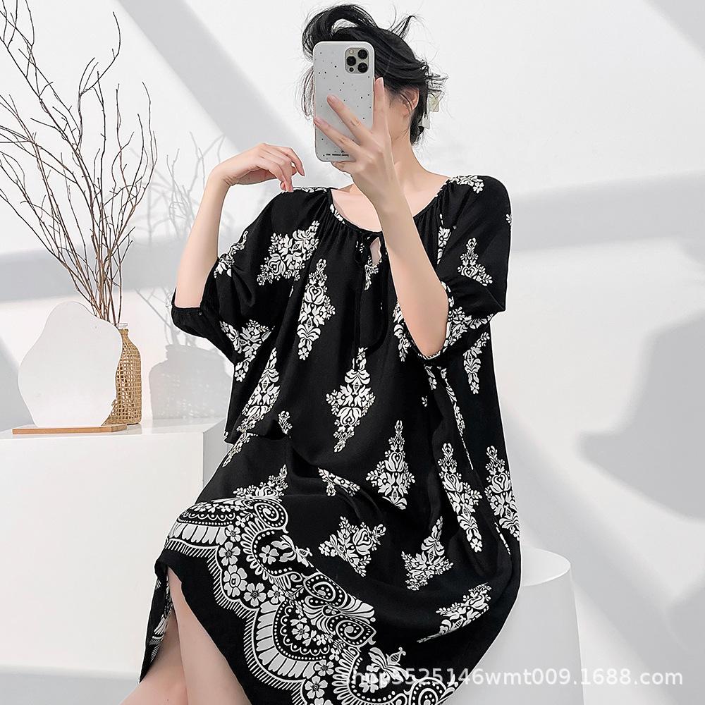 1011 Mu Zhensi's new cotton and silk summer dress loose round neck dress printed skirt nightdress vacation style