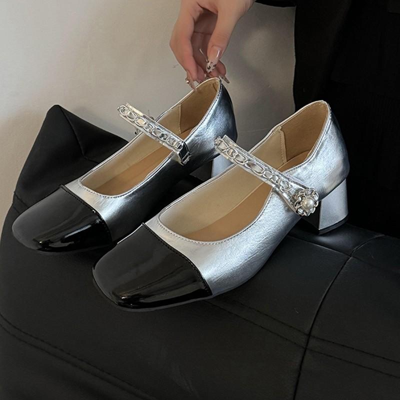 Low Sandals Woman Leather Suit Female Beige Velvet Shoes Mary Jane Block Heels Square Toe All-Match Low-heeled Black Retro Suede