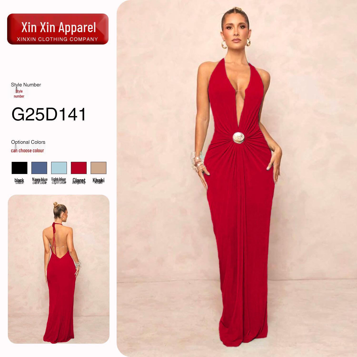 

European Style Halter Neck Backless Dress with Metal Buckle Waist for a Slimming Fit Medium вино красного