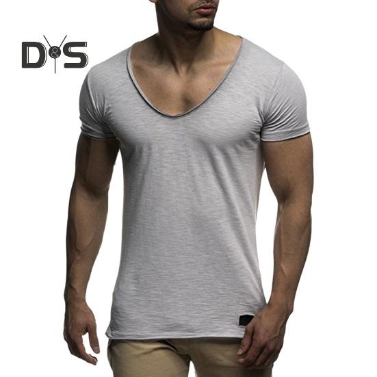 Men Summer T-shirt Short Sleeves V Neck Solid Color Soft Slim Fit Breathable Mid Length Elastic Casual Pullover Men Sport Top