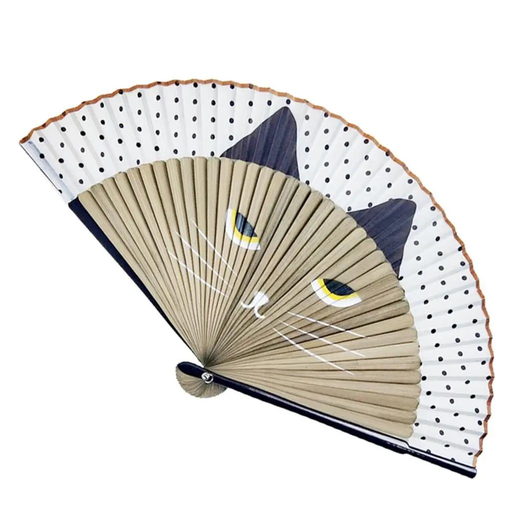 1 pcs Exiquisite Cat Patterns Summer Gift Cartoon Bamboo Wooden Folding Fan Fan Crafts Silk Fan Home Decoration