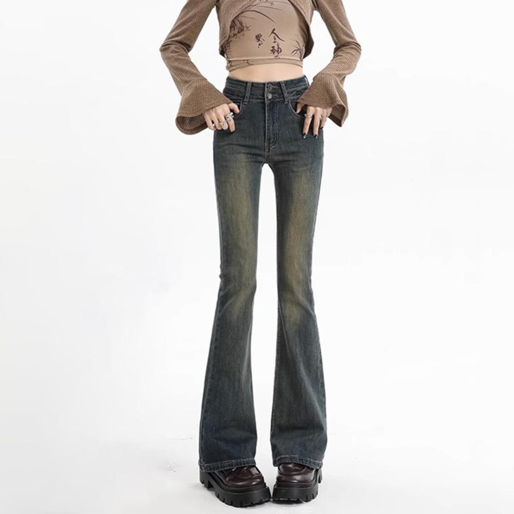 

Neutral personality double-button micro-pull jeans women s spring and autumn new high-waisted thin versatile horn jeans XL