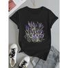Europeiska storlekar Dam Casual Svart T-shirt med Livfullt Lavendel & Lila Blommönster - Kortärmad, Rundhalsad, Vår/Sommar Topp
