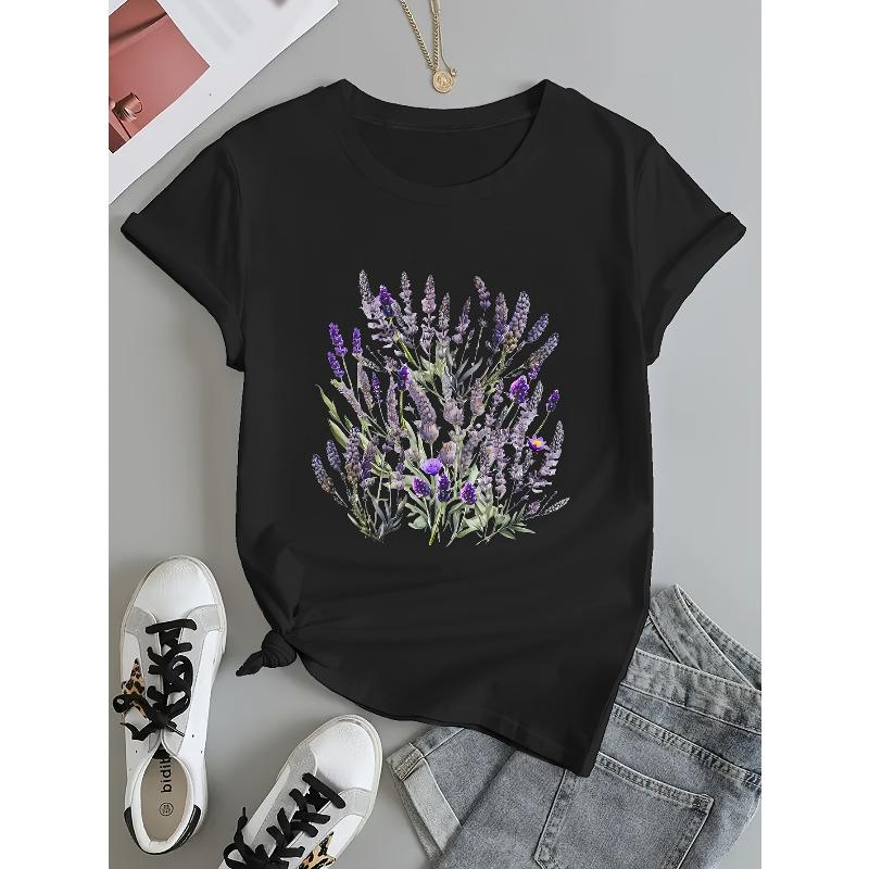 Europeiska storlekar Dam Casual Svart T-shirt med Livfullt Lavendel & Lila Blommönster - Kortärmad, Rundhalsad, Vår/Sommar Topp
