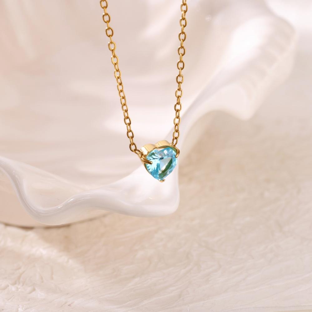 

Birthstone Heart Necklaces For Women Gold Color Stainless Steel Zircon Heart Pendant Necklace Wedding Birthday Luxury Jewelry 45cm