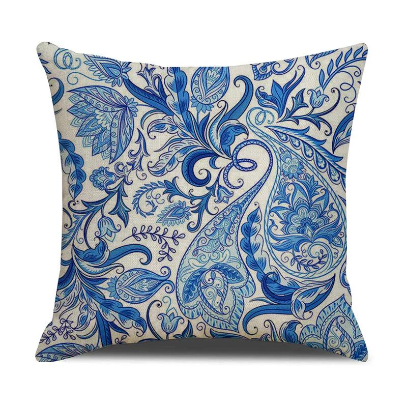 Chinese retro style blue and white ceramic printed fabric linen cotton throw pillow wrapped sofa home decoration pillow