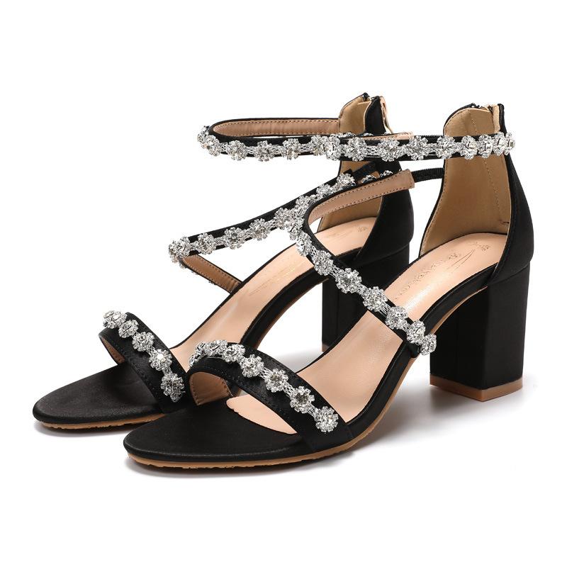 White High-heeled Sandals Thick-heeled Wedding Shoes Rhinestone Word with Round Head Diamond Chain Wristband New Fashion Temperament Women's Shoes