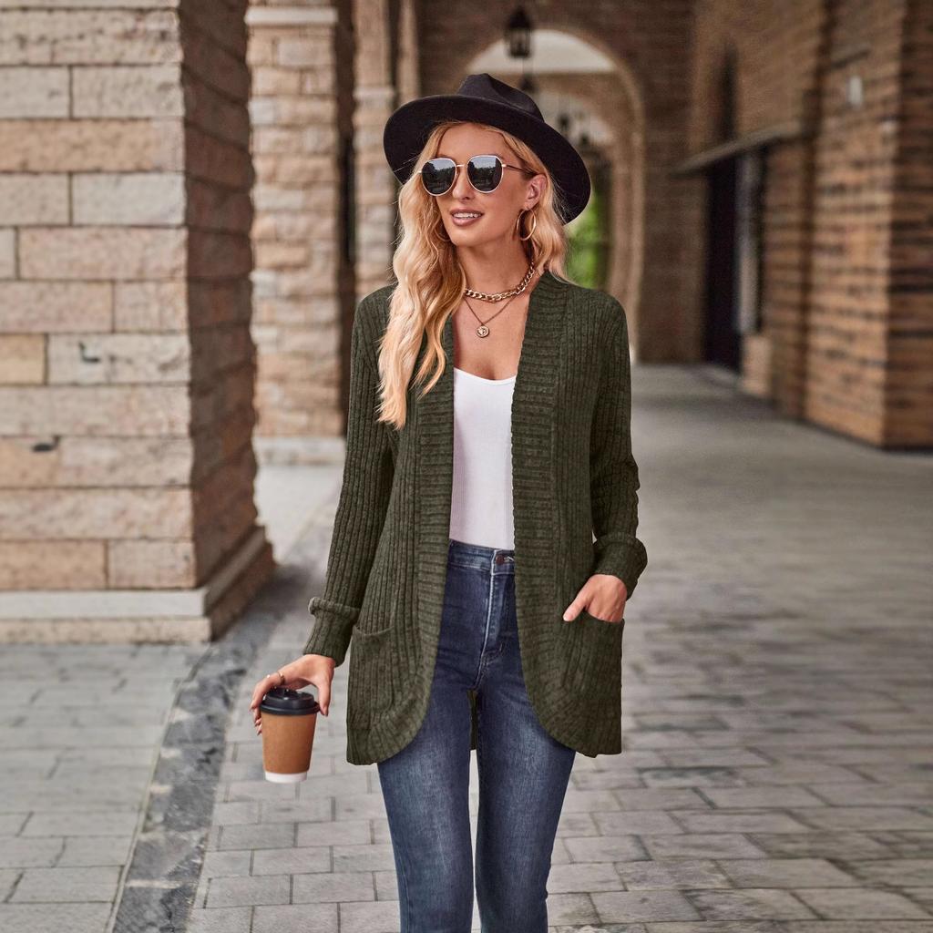 Autumn New Popular Solid Color Pit Strip Brushed Casual Splicing Long-sleeved Cardigan Jacket