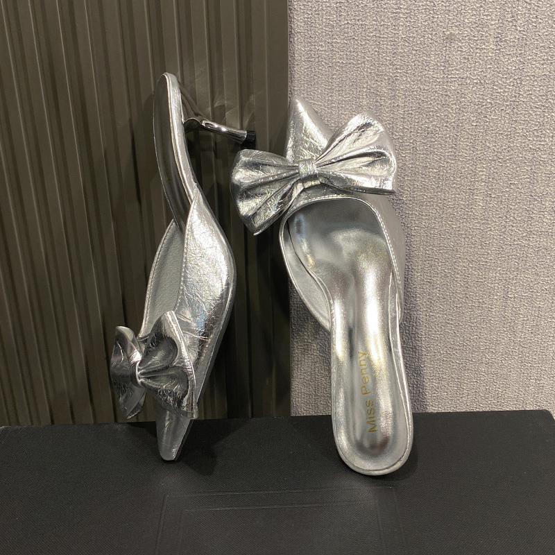 Fashion Bow Women Mules Shoes Pointed Toe High Heels Slippers New Party Sandals Luxury Sexy Woman Brand Party Pumps Zapatos
