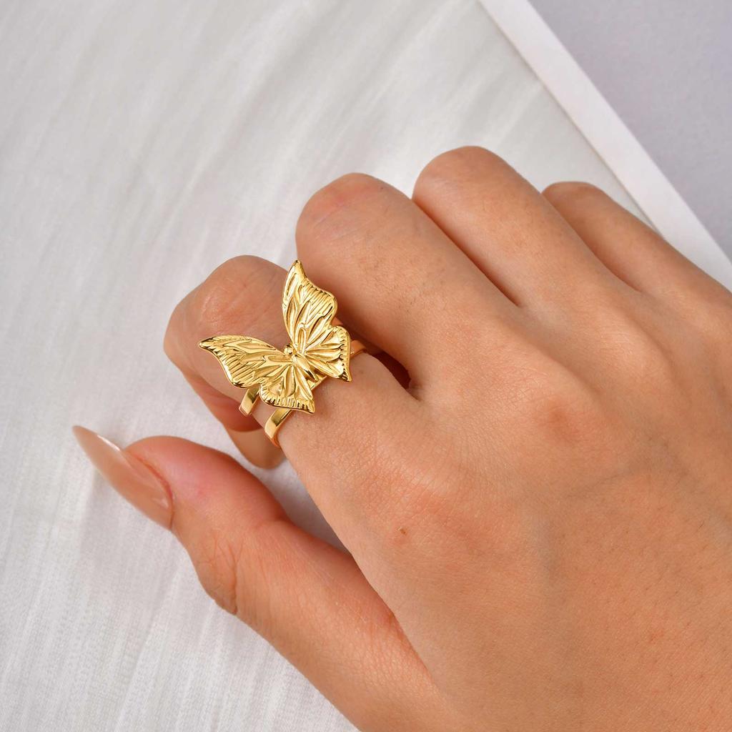 Retro Stainless Steel Butterfly Open Ring Gold Plated Geometric Rings for Women Vintage Jewelry Valentine's Day Gift