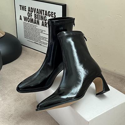 Large Size Boots Autumn And Winter Small Square Head High Heels Patent Leather Elastic Medium Tube Thin Boots Short Boots Women'S Thick Heel