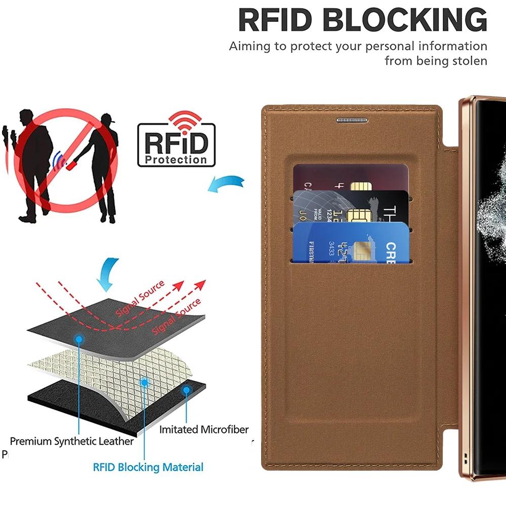 Magnetic Leather Card Holder Shell for Samsung Galaxy S26 Ultra Edge S25 S24 Wireless Charge Card Holder Shockproof Hard Cover