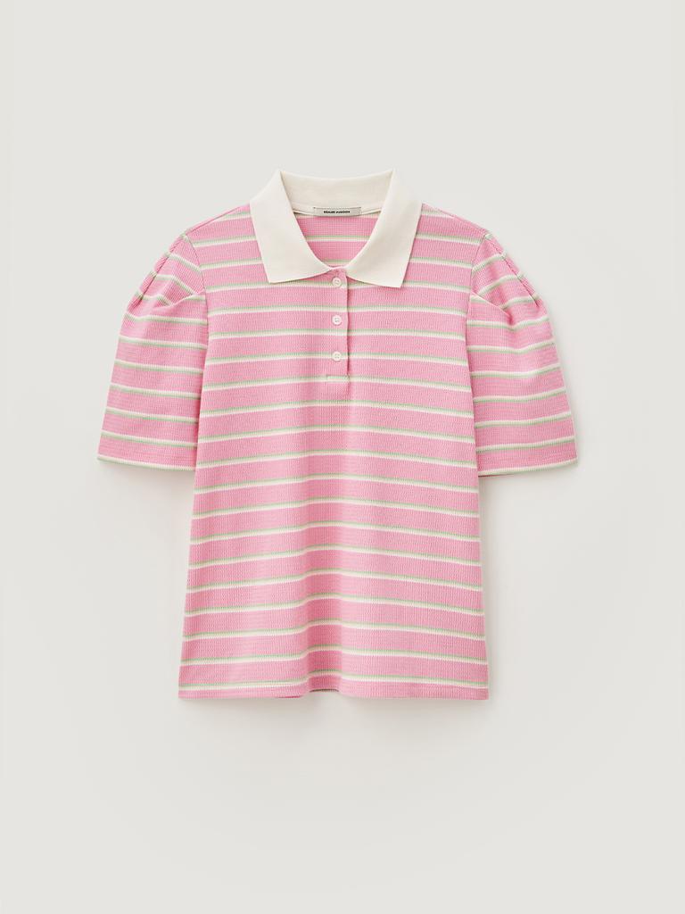 BEMUSE MANSION Stripe Collar Puff Top - Pink