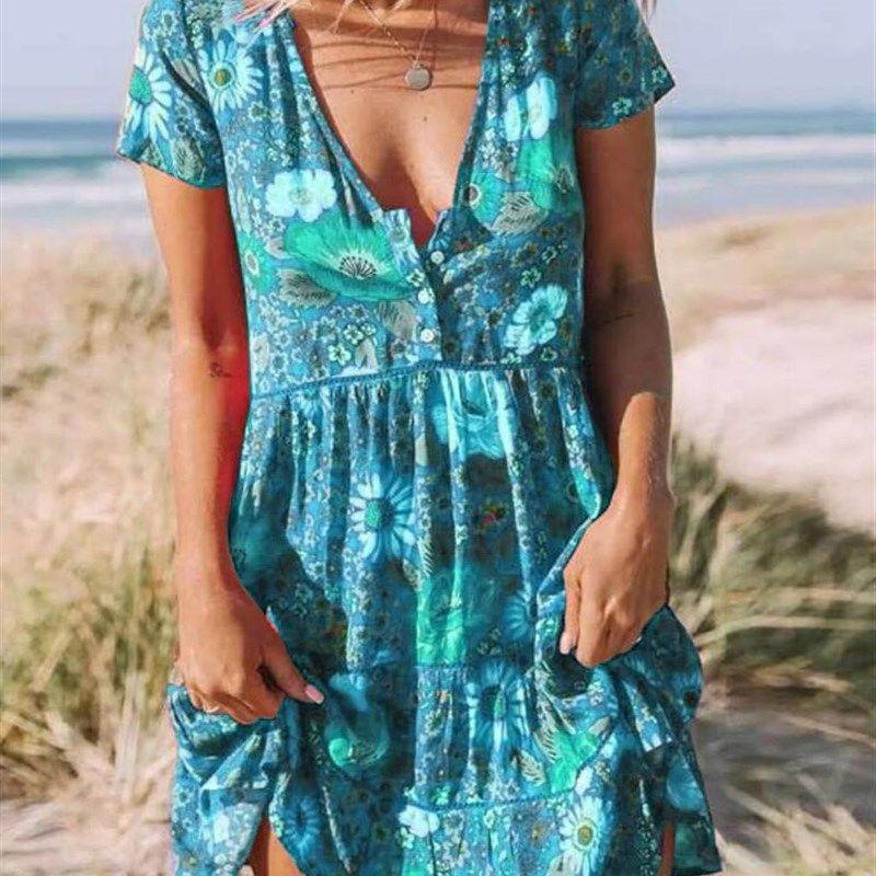 

Printed VNeck Short Dress 2025 Euro Womens FashionVNeck Prin Light blue L