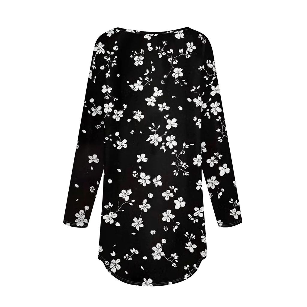 Women's Fashion Casual Round Neck Floral Long Sleeve T-shirt Pullover Long Sleeve Top