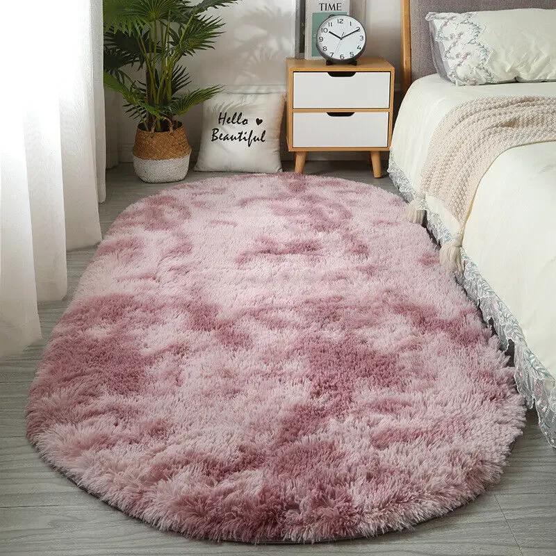 Oval Center Carpet Plush Fluffy Tie Dye Anti Slip Carpet Floor Cushion Bedroom Bedside Mat Rug Soft Foot Mats Home Decor New