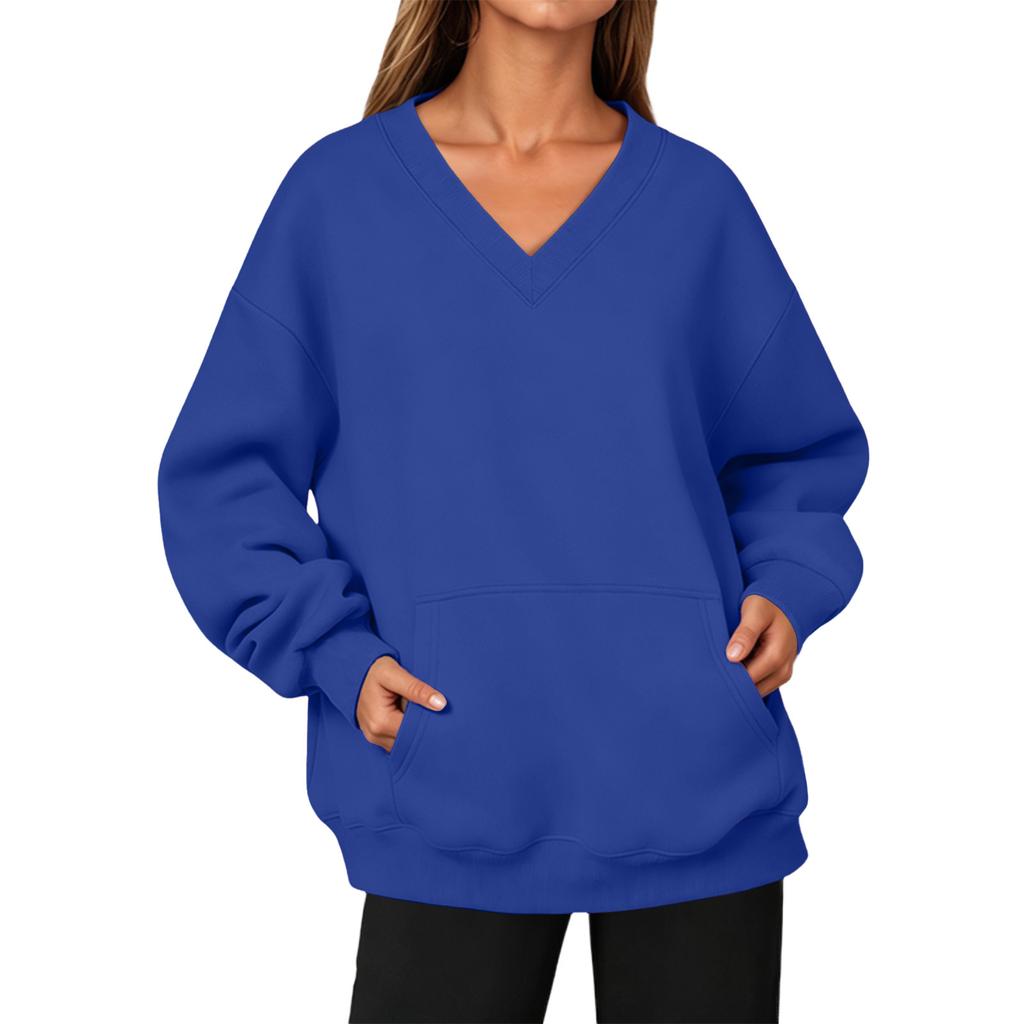 Damen Mode V-Ausschnitt Longline Pullover Sweatshirt mit Tasche für Herbst Winter