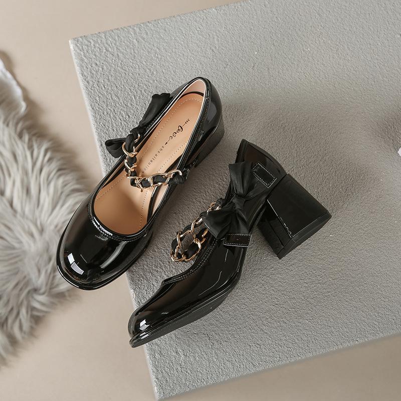 Family Season High Heels Women's Mary Jane Shoes Spring Bow Thick Heel Shoes Light Mouth Single Shoes