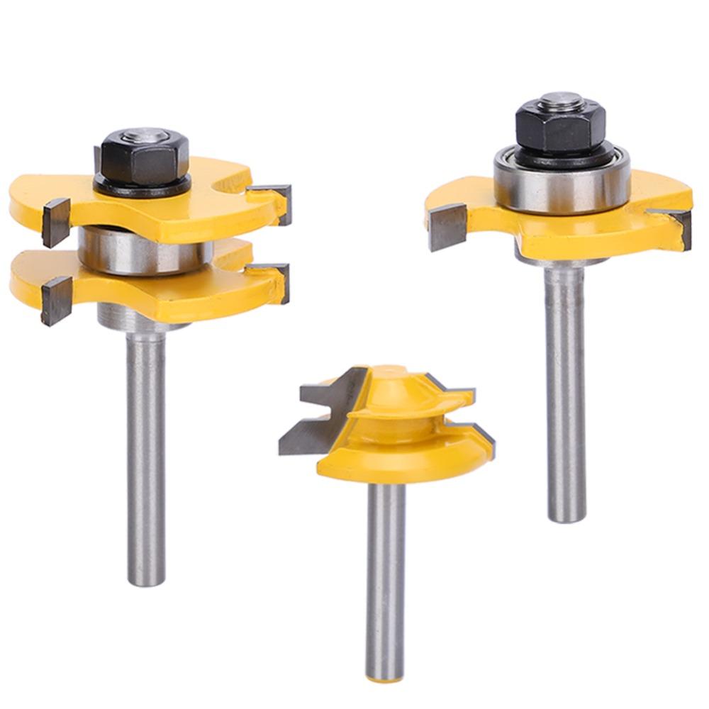 3pcs 45 Degree Angle Lock Miter Router Bit 3 Teeth T-Shape Tongue and Groove Set For Cabinets
