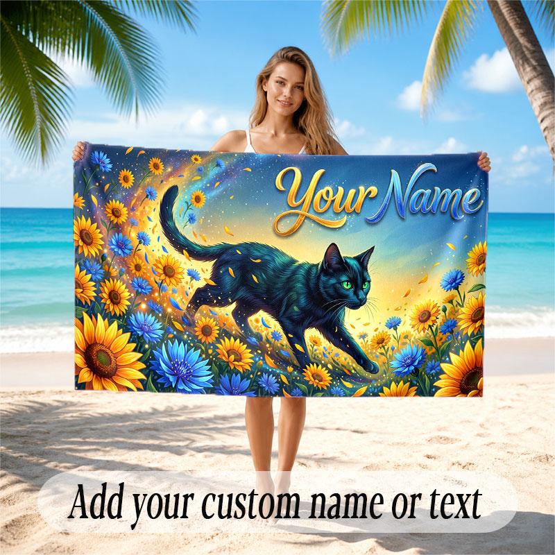 Cat Theme Soft Beach Towel Personalized Custom Name Text Towel Portable for Beach Pool Travel