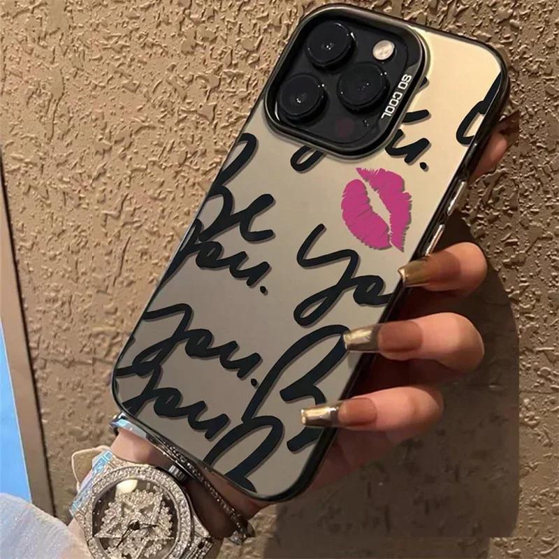 English Letter Lips Label Phone Case For iPhone 16 15 Pro Max 14 13 12 11 Pro XR XS 7 8 16 Plus SE2 Shockproof Cover