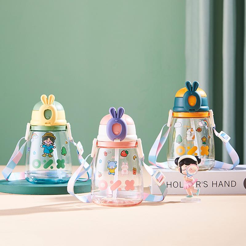 Cute Water Cup with Straw, Large-capacity Portable Outdoor Plastic Cup, Student Space Cup, Cartoon Pattern Slanted Cross Cup