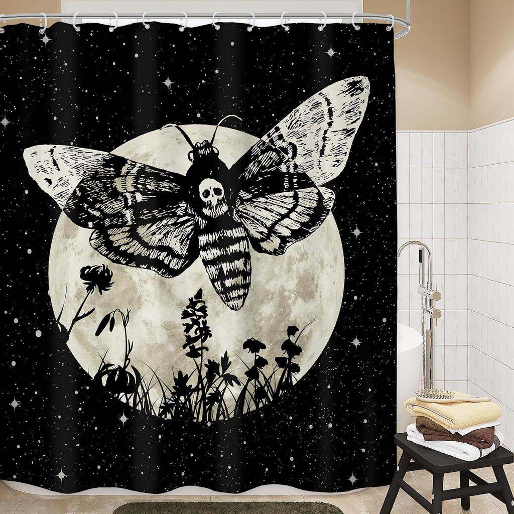 Gothic Skull Shower Curtain Bathroom Set Halloween Death Head Moth Pink Flower Leaves Spider Scary Witchy Bath Accessories