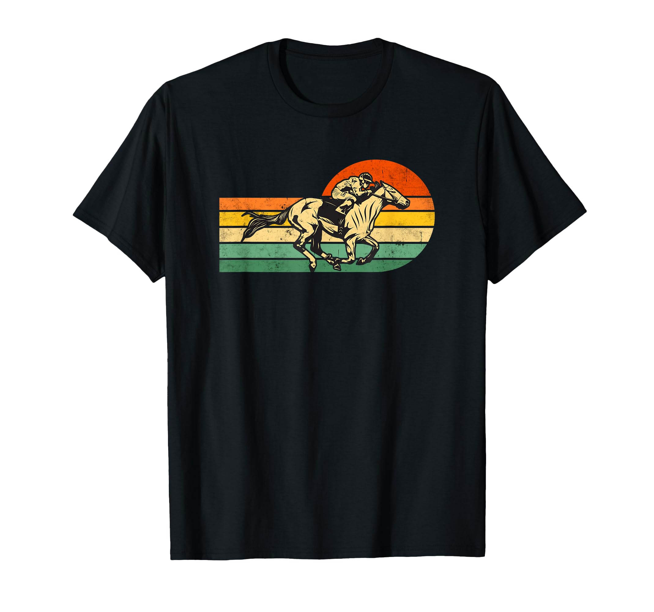 

Horse T-shirt with a horse and sunset design, featuring stripes, horse riding, jockey, and more. Stylish, retro, and vintage.