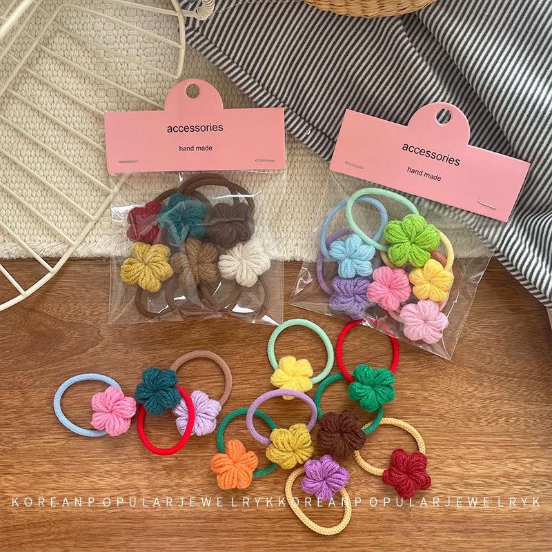 Handmade Korean Crochet Flower Hair Accessory Set for Autumn: Women's & Children's Ponytail Ties & Sweet Side Bang Clips