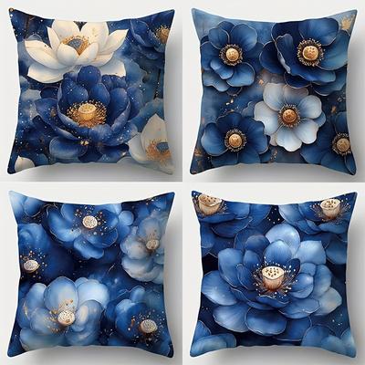 Eleganter floraler Kissenbezug mit blau-weißem Lotus-DesignSchlafzimmer Sofa Dekokissenbezug mit Reißverschluss Weicher Kissenbezug