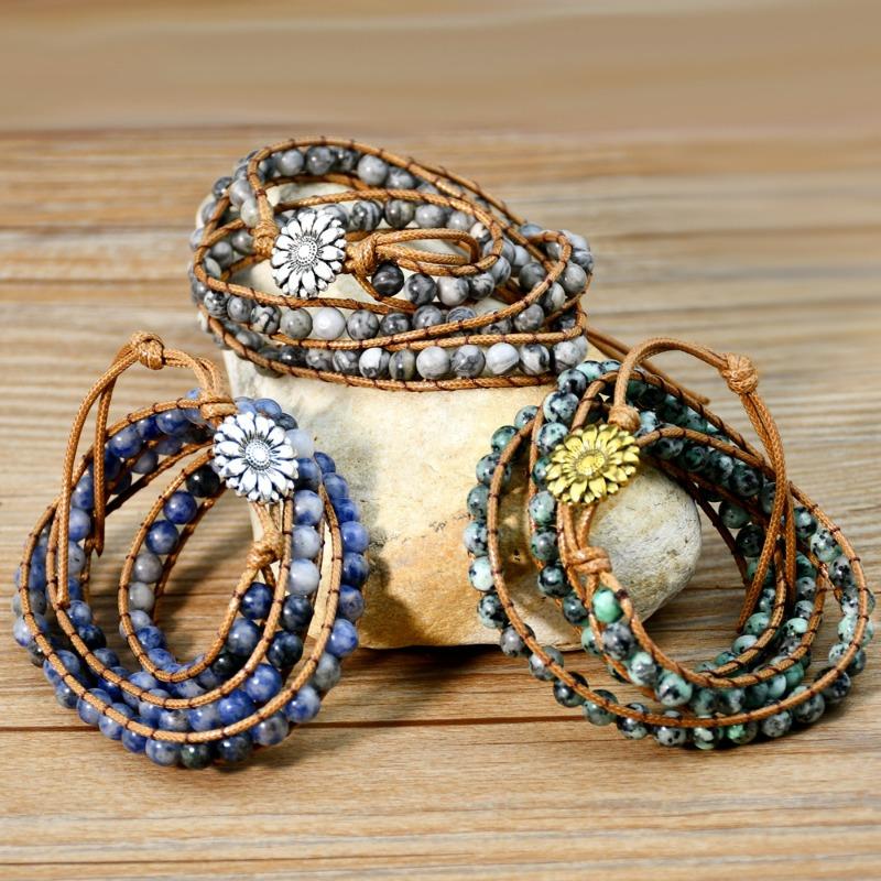 GemChic Women's Ethnic Weave Rope Multilayer Stone Beads Alloy Sunflower Bracelet Classical Retro Birthday Christmas Jewelry Gift