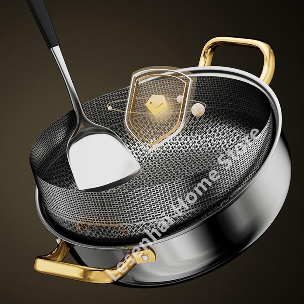 30cm Stainless Steel Soup Pot Wok Non-stick Honeycomb with lid Household Pot Frying Pan Induction Cooker Gas Stove Universal