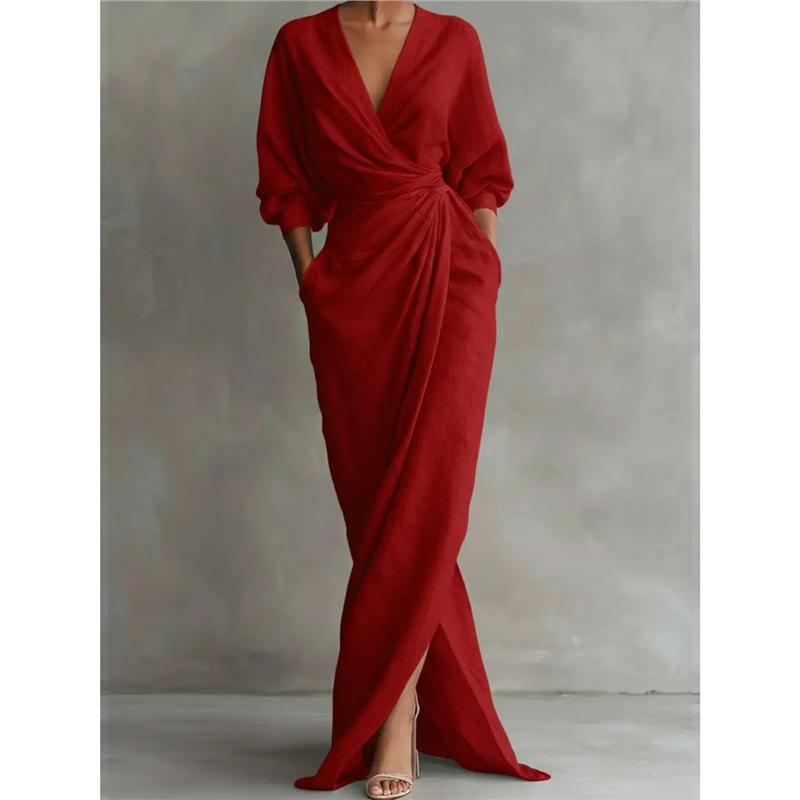 YYFS Mode femme été printemps couleur unie imprimé manches 3/4 col en v taille haute robes décontractées