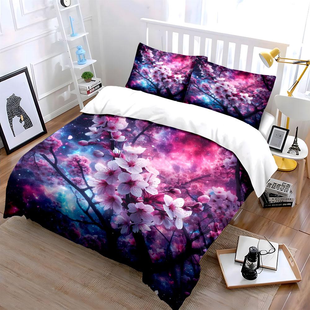 "Cherry Blossom Galaxy Art Set" Bedding Set with 1 Duvet Cover 2 Pillowcases Single Double King Queen, Gift