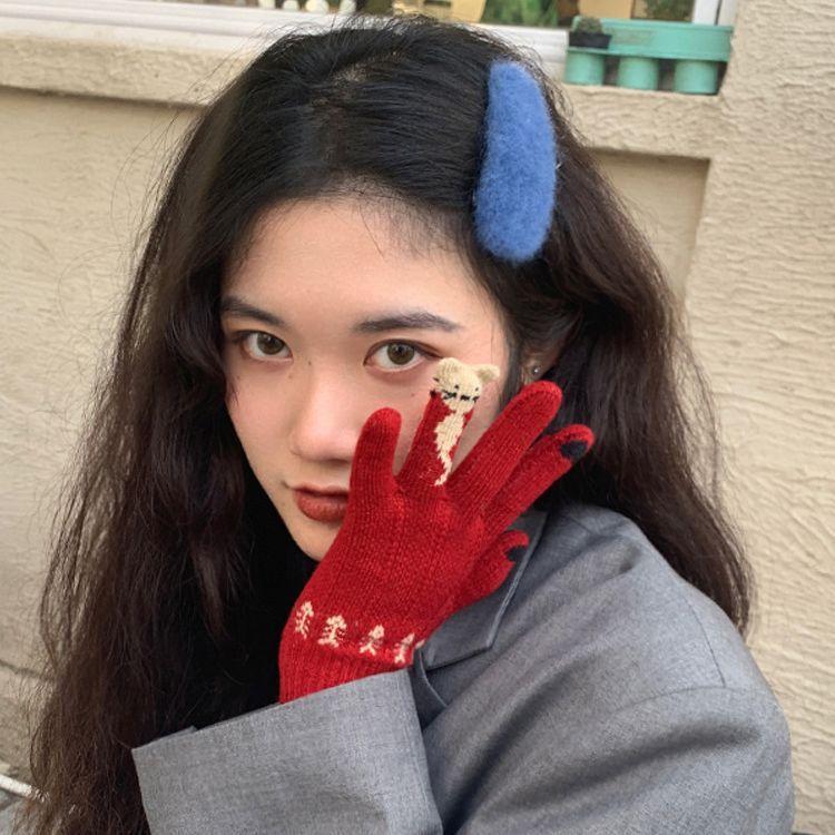 Touch Screen Christmas Red Split Finger Gloves for Female Winter Student Cute Korean Style Thick Plush Riding Warm Winter Trend