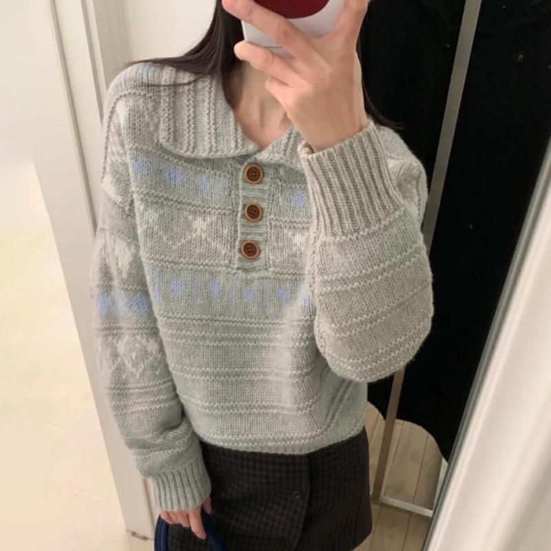 Women's European High-End Fair Isle Wool Polo Sweater - 100% Pure Wool for Autumn & Winter