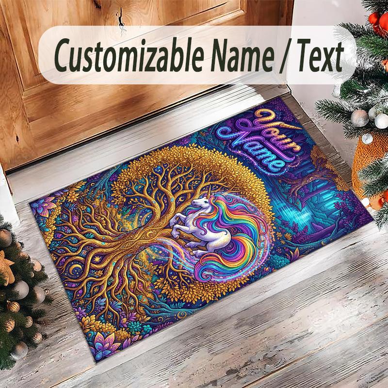 Unicorn Theme Crystal Velvet Floor Rug Personalized Custom Name Text Warm Carpet Home Decoration