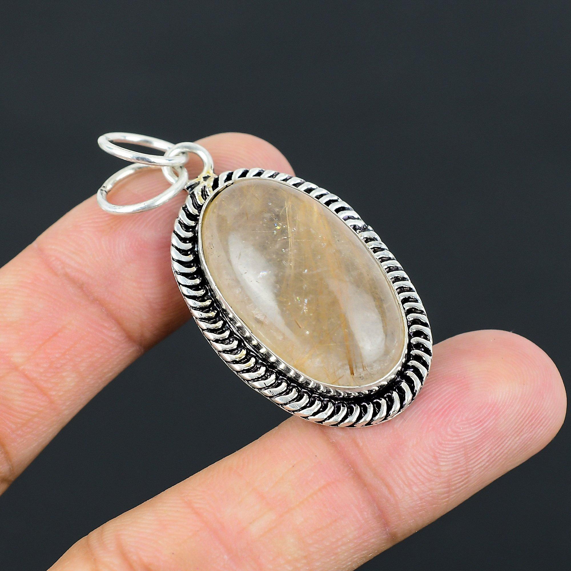 

925 Sterling Silver Golden Rutile Stone Bezel Birthday Sister Pendant Jewelry