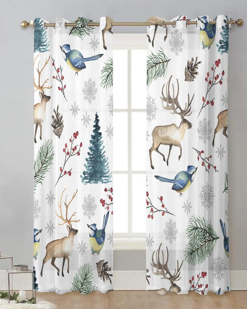 Christmas Elk Pine Berry Bird Voile Curtains For Bedroom Tulle Window Curtain For Living Room Sheer Curtains Blinds Drapes