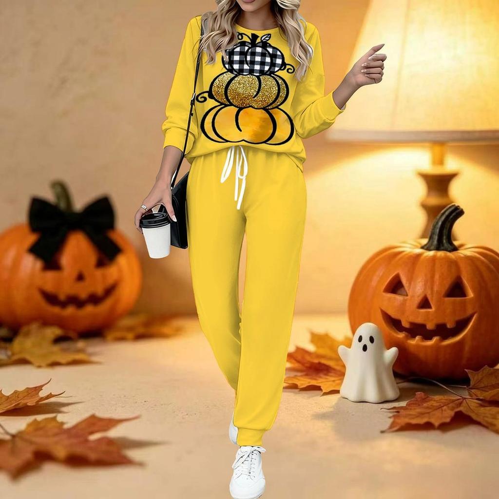 Women Halloween Print Two Piece Outfit, Long Sleeve Crew Neck Top & Drawstring Jogger Pants Casual Tracksuit for Spring Autumn