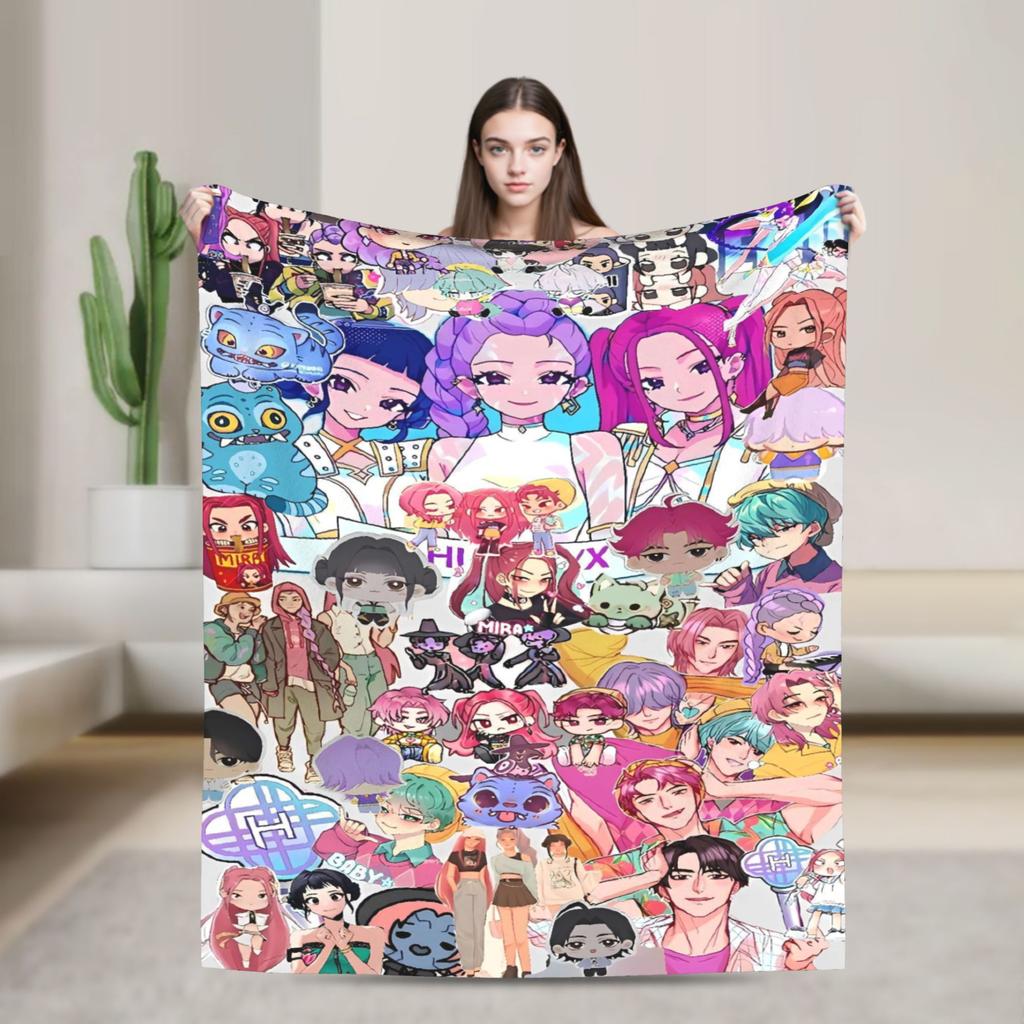 Warm Soft Blankets KPop Demon Hunters Golden Music Throw Blanket Flannel Bedspread For Living Room Street Trend Sofa Bed Cover