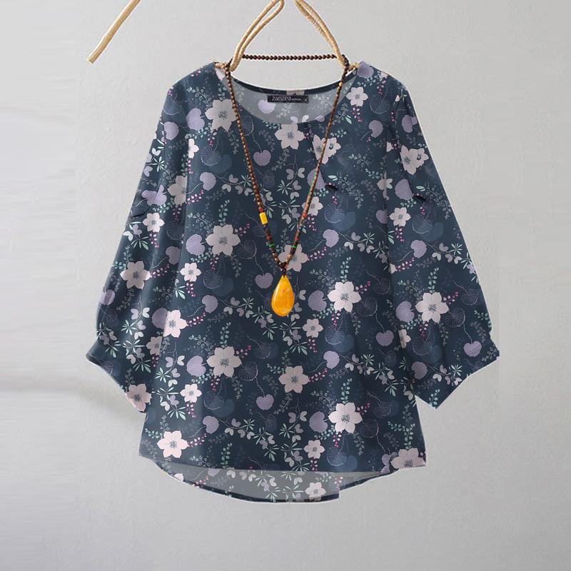 

ZANZEA Женская повседневная блузка с круглым вырезом и рукавом 3/4 с цветочным принтом 2XL темно-синий