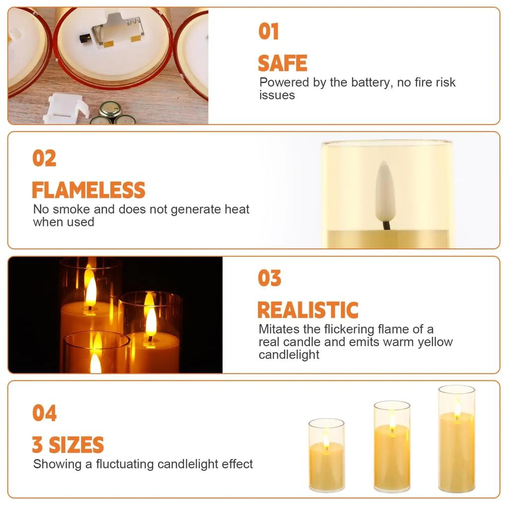 New 3 PCS/Set LED Flickering Flameless Pillar Amber Candles Battery Operated Acrylic  Candle  Wedding Halloween Christmas