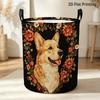 1pc Retro Corgi Dog Laundry Basket with Garland & Safflower Decor - Round Suitable for Pet Lovers, Hamper with Sturdy Handle For, Dorm, Wardrobe - Cor