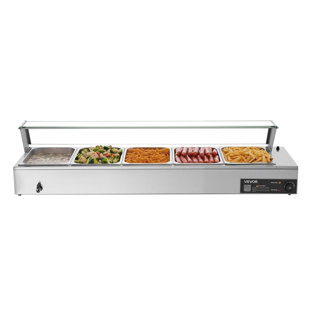 Commercial Food Warmer, 1500W Electric Stainless Steel Steam Food Warmer with Glass Cover, Countertop Buffet Bain Marie with Five 1/2 Size Food Pans,