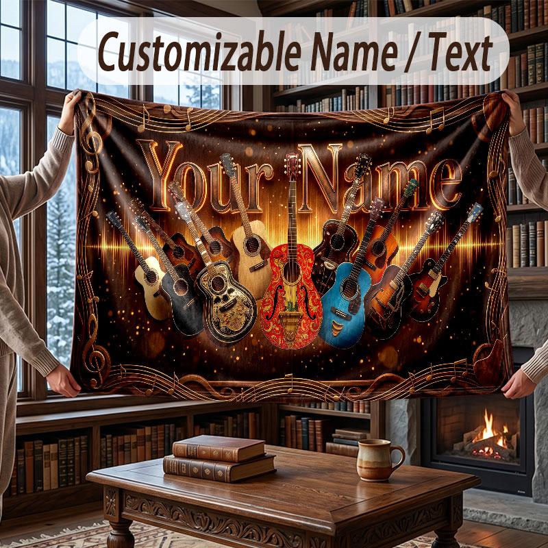 Music Theme Throw Blanket Custom Name Text Personalized Blanket Soft Cozy Blanket for Home Sofa Bed