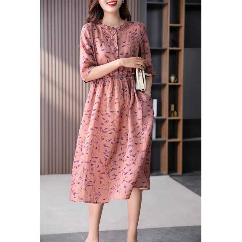 Dress High-end Women's Summer Temperament Tencel Cotton Linen Floral Mid Length Casual Dresses