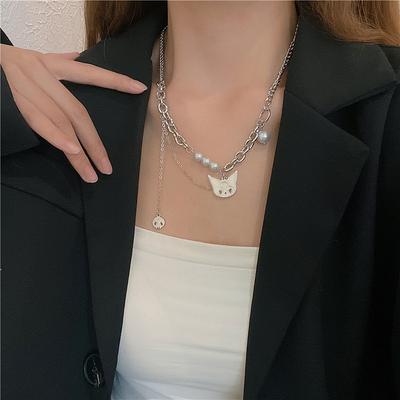 Original Cartoon Fox Titanium Steel Necklace Ins Fashion Design Skull Pendant Pearl Necklace Jewelry