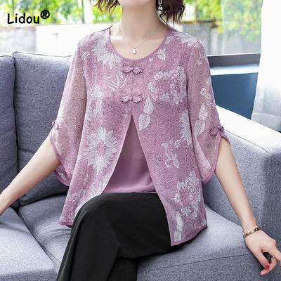 Tricou elegant pentru navetă, imprimat, împletit, fals două piese, vară, modă nouă, îmbrăcăminte pentru femei, casual, mâneci 3/4, topuri cu gât rotund